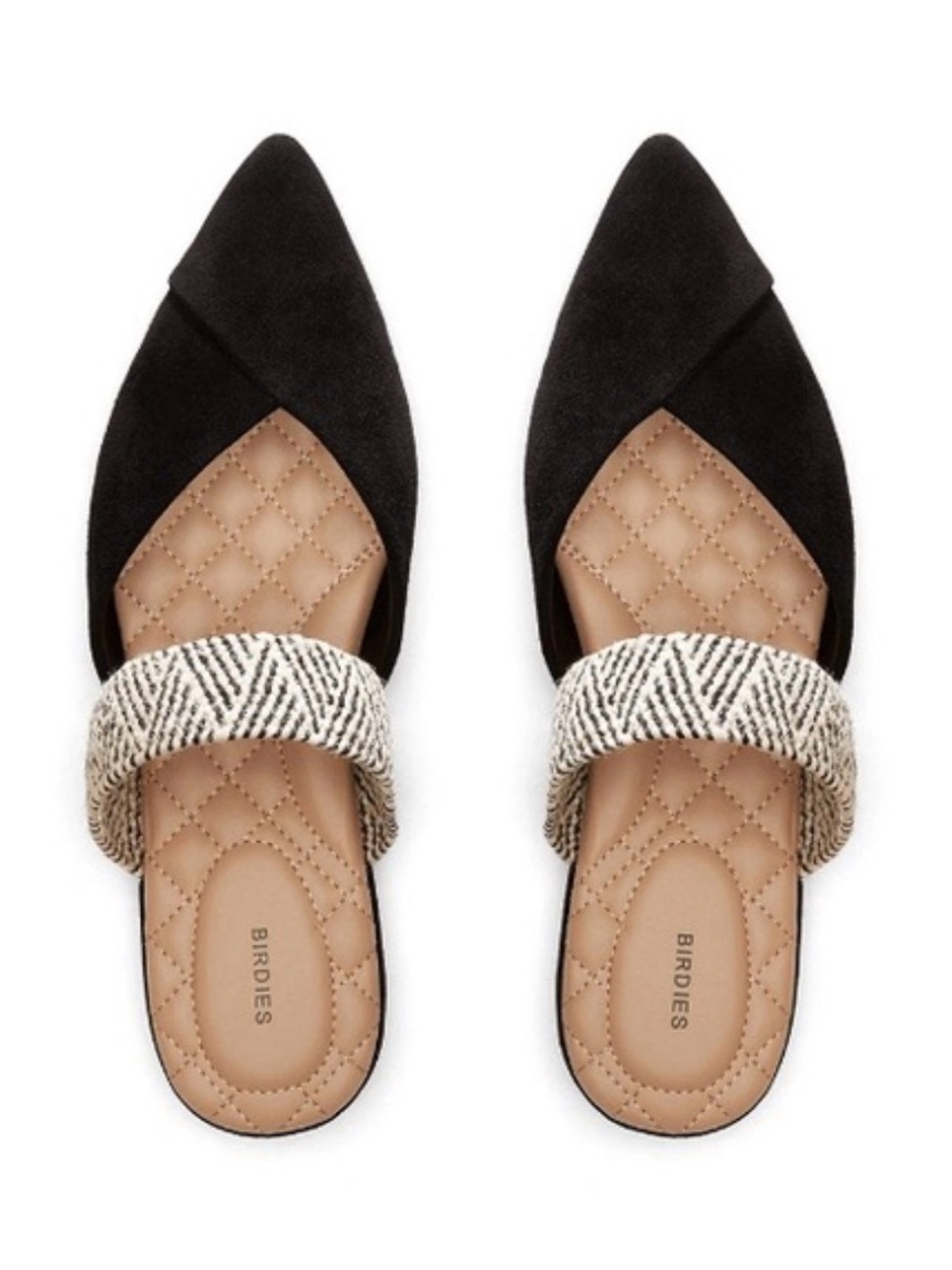 Birdies Swan Black Pointed-Toe Quilted Mule with Cream-Patterned Strap - 9